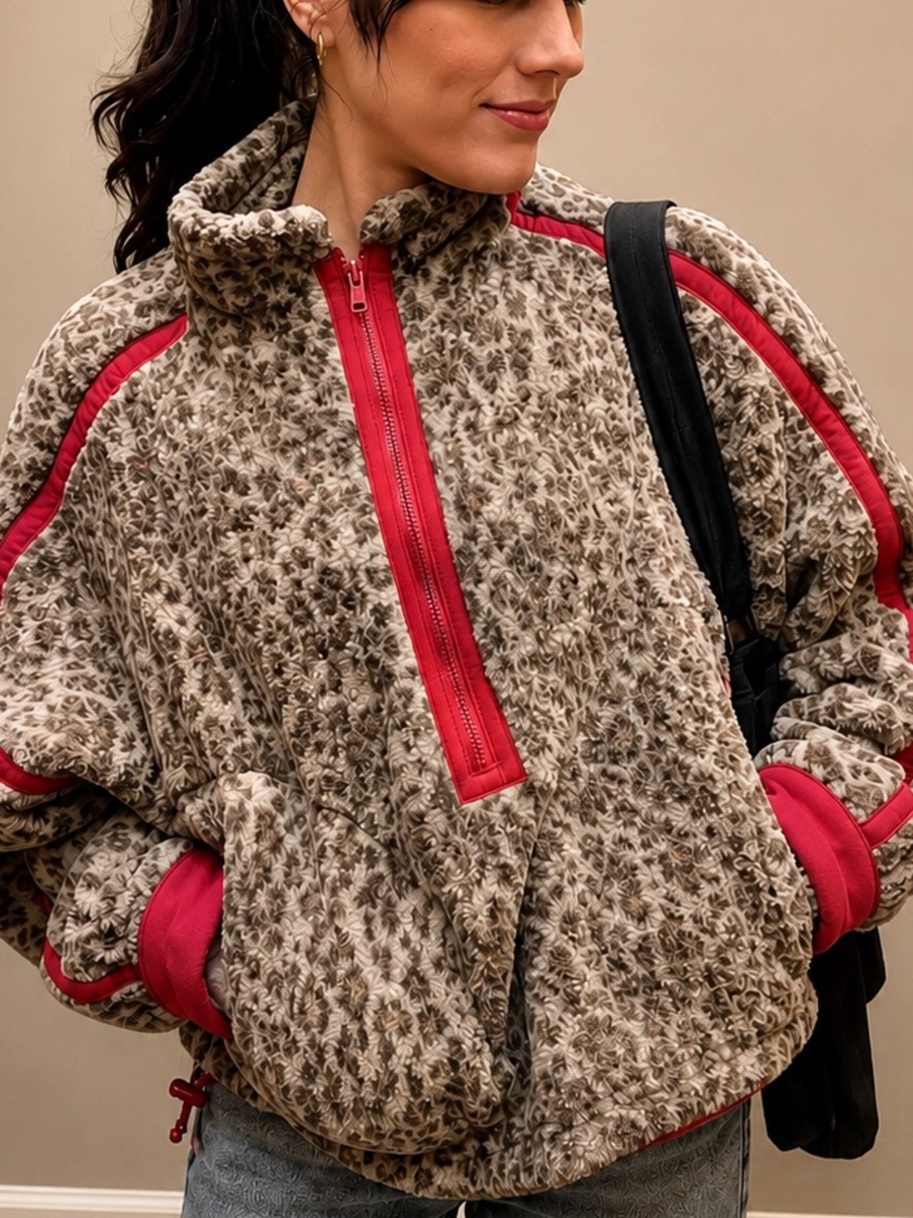 Women’s Leopard Print Fleece Pullover Jacket with Red Trim. Size M
